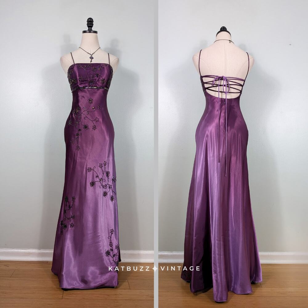 Vintage Betsy Adam Prom Dress Maxi Gown 4 Purple Corset Bead Ombre 90s Y2K Glam